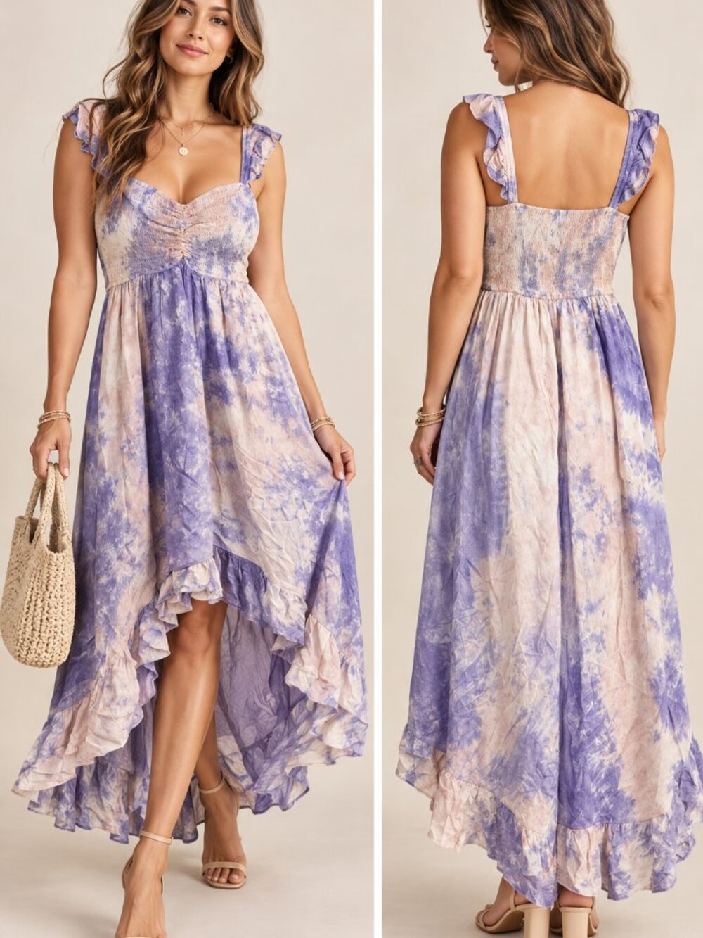 Storia Pink Purple Tie Dye Smocked Ruffle Strap Hi-Lo Maxi Dress Size S